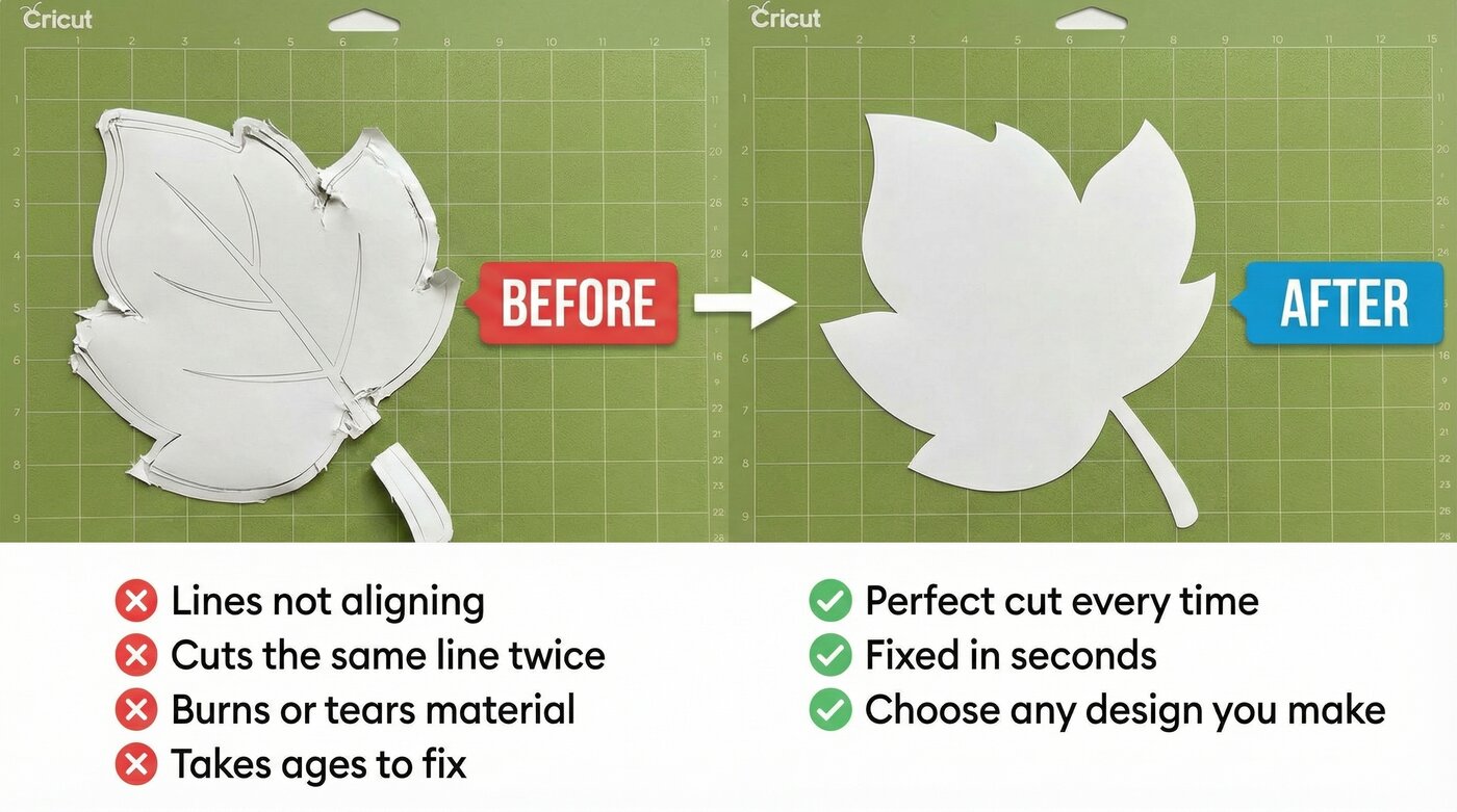 Before and after SVG fix on a Cricut cutting mat — broken paths fixed automatically